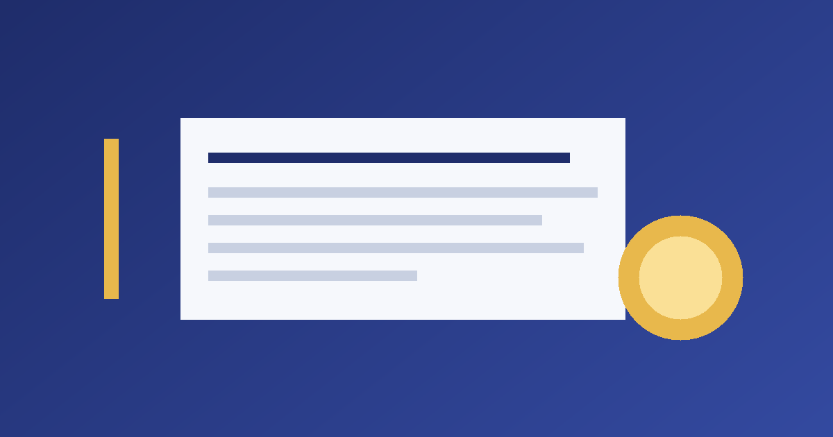 Illustration of a grant application document next to a gold seal on a navy background